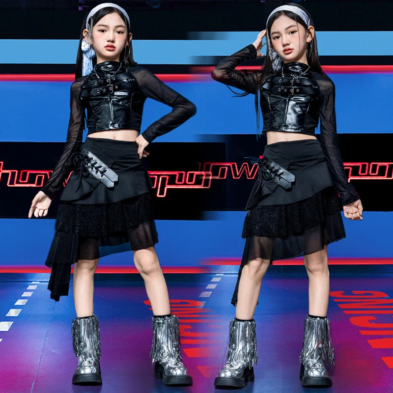 

Детская одежда для джазовых танцев 2024, одежда для выступлений в стиле Kpop для девочек, модель модной одежды, черный топ, юбка, джазовый наряд VDL4709