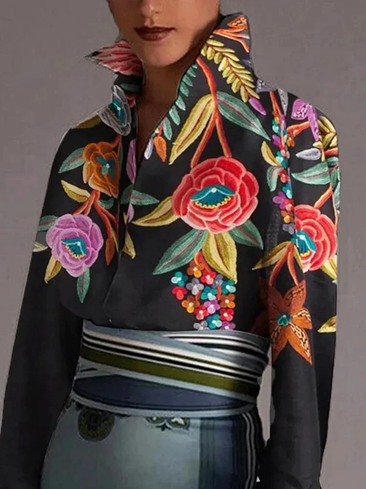   Blusas femininas retrô clássicas com estampa de flores e lapela, mangas largas, soltas, urbanas, casuais, para deslocamento