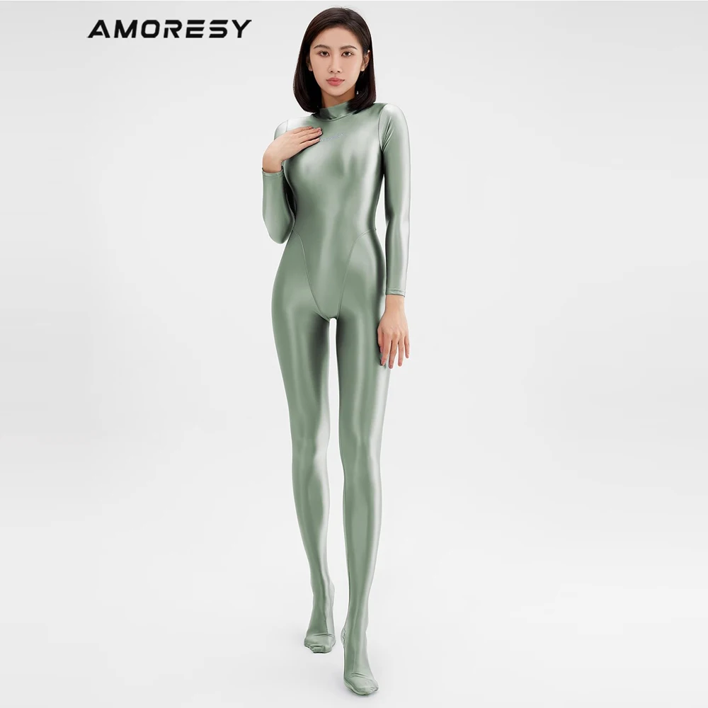 2023 AMORESYผู้หญิงCatsuit Playsuits Wetlook Shiny Glossy TightsซิปLeotards FullbodyโดยรวมZentai Jumpsuits