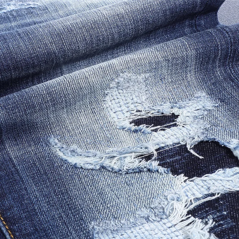 High Street Fashion Men Jeans Retro Blue Elastic Slim Fit Ripped Jeans Men Patched Designer Brand Vintage Denim Pants Hombre