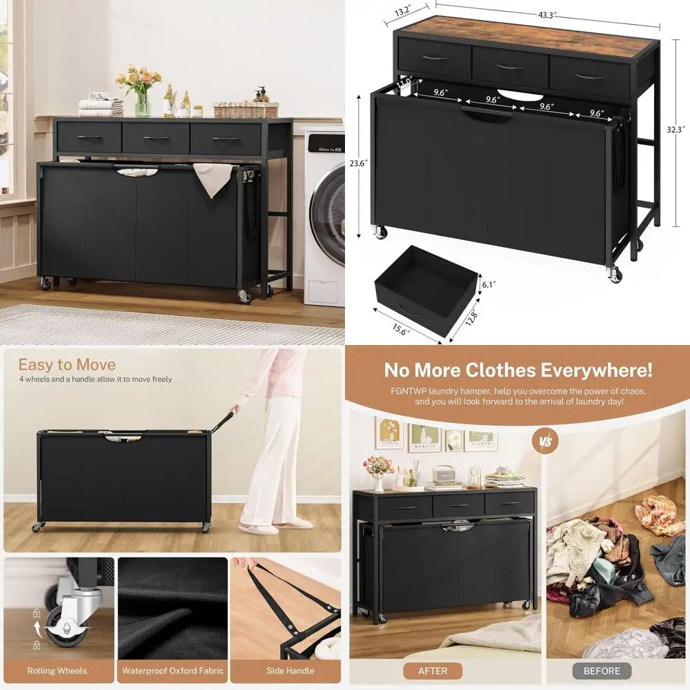 

Корзина для белья на 4 секции с колесиками, 300 л, большой вместимости, с выдвижными мешками для прачечной, ванной и спальни