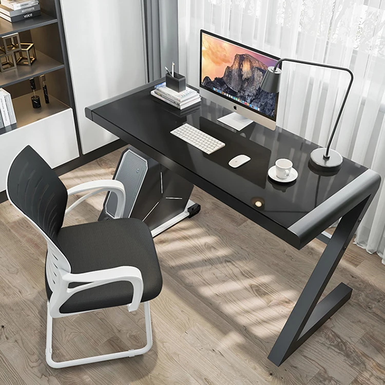 ！@Simple Toughened Glass Computer Desk Home Learning Z-shaped  Leg Design Desk Gaming  Table