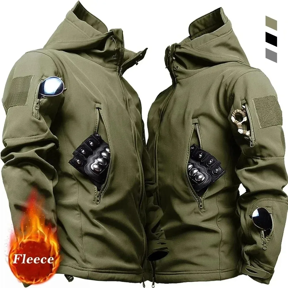 Men's Hooded Casual Military Outdoor Utility Jacket Fashion Sharkskin Soft-Shell Tactical Waterproof Combat Bomber Jacket