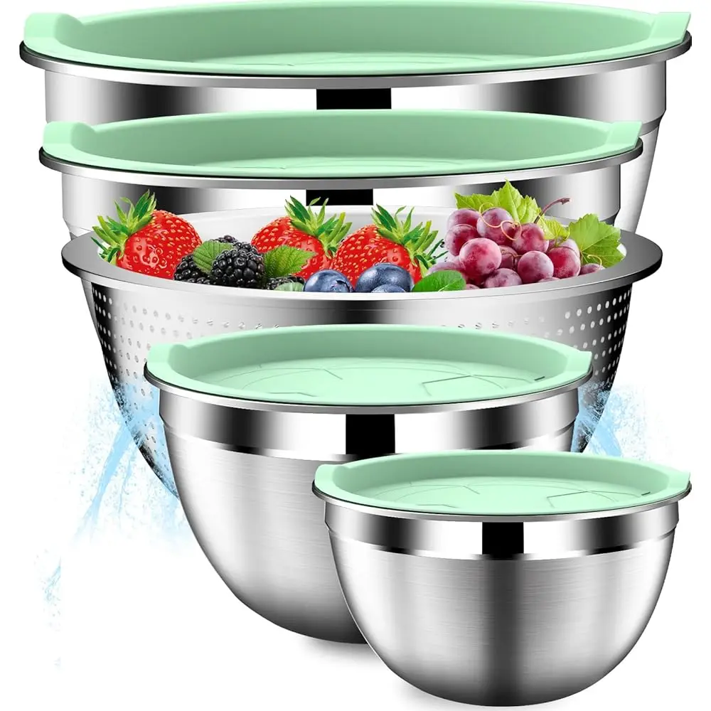 Mixing Bowls with Lids Set, Stainless Steel Mixing Bowl Set with Colander, Strainer with Bowls - Pistachio