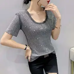 #5535 Black Silver Shiny Diamonds Short T Shirt Female Summer Streetwear Hip Hop T Shirt Women O-neck Sexy Club Tee Shirt Femme
