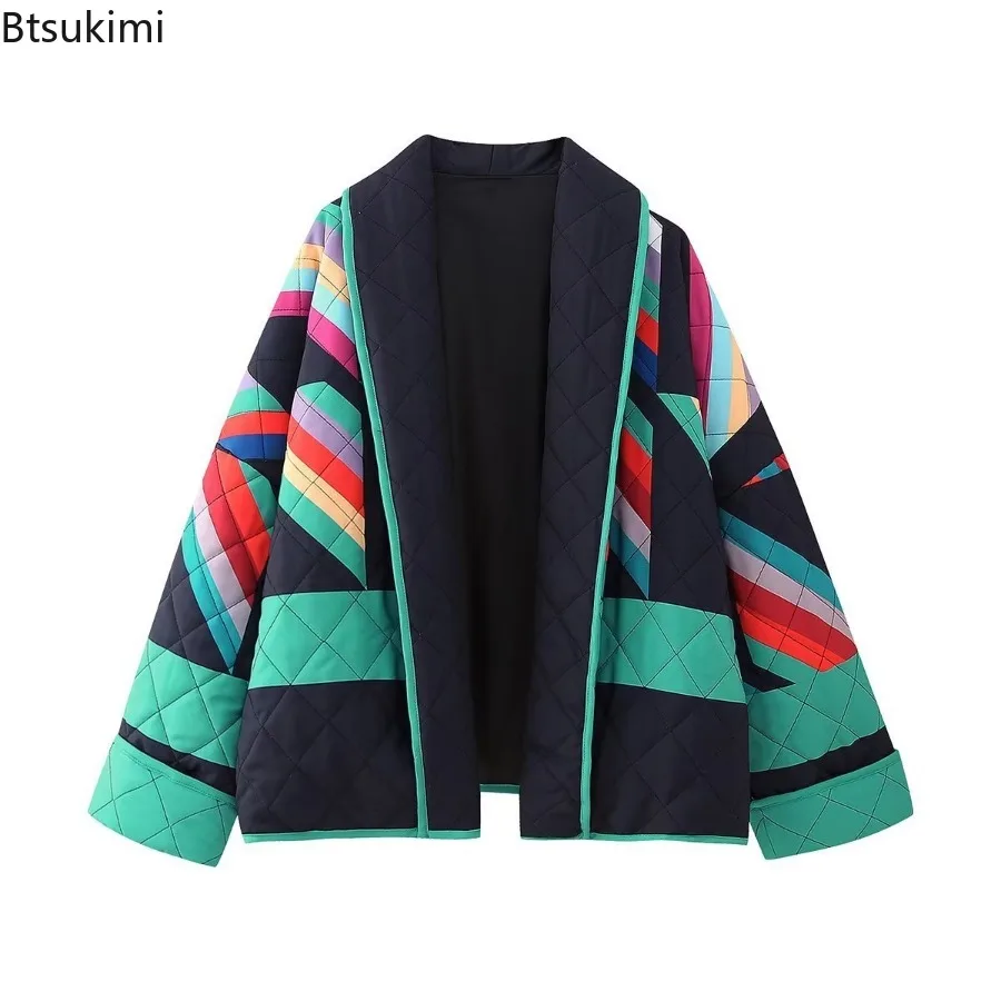 

Women Autumn Winter Casual Parka 2025 Fashion Geometric Print Spliced Jacket Vintage Lapel Cardigan Cotton Jacket Thermal Tops