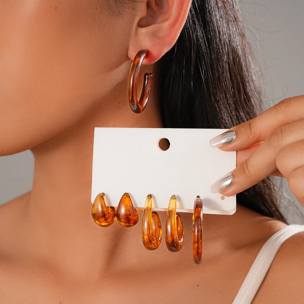 6 Pcs Retro Amber Color Resin Hoop Earrings Set Women Water Drop C Shaped Smudging  Acrylic Ear Loops Party Daily Jewelry Set M