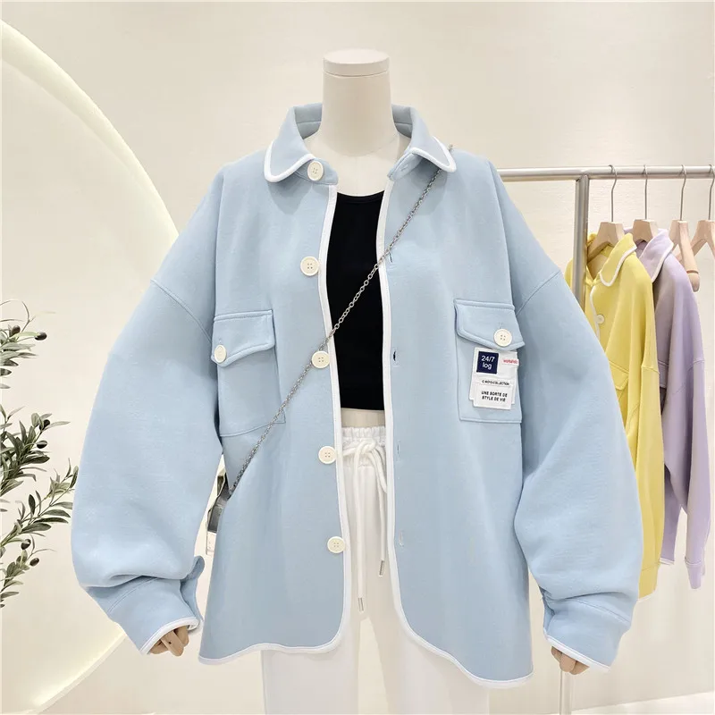 

Female Thin Solid Color Cardigans Spring Autumn Fashion Turn-down Collar Zip-up Casual Loose Button Pockets Outerwear