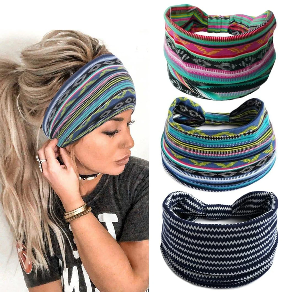 New Bohemian Wide Headband Knotted Yoga Hijab Striped Headband Elastic Headband Headband for Women and Girls