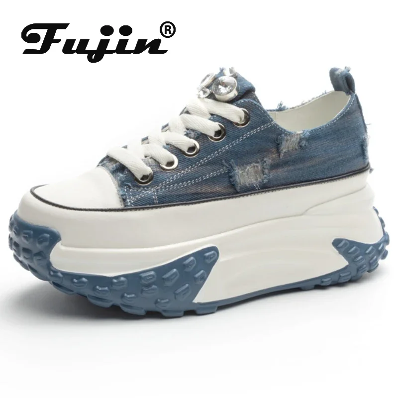 Fujin-Chaussures à Semelle Compensée en Cuir group, Denim, 6cm, Épaisses, Confortables, Décontractées, de Marque, Strass, Bling, Printemps Automne