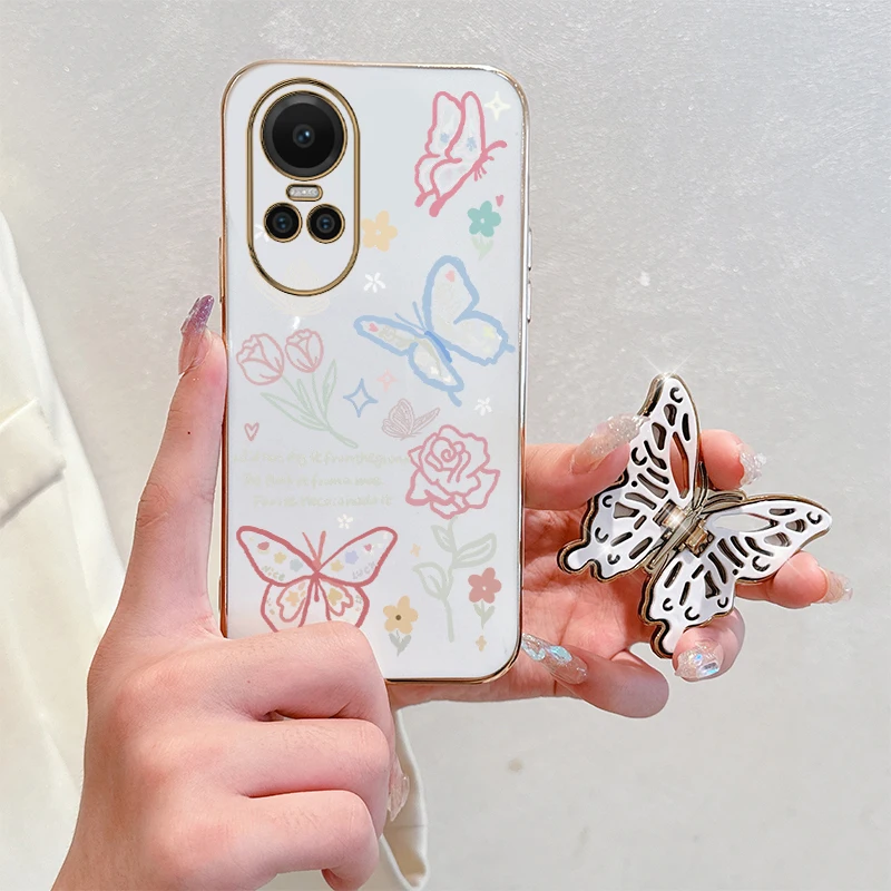 R eno 10 Rose Butterfly Plating Holder Phone Case For OPPO Reno 7 8Pro 10Pro 8 8T 9 9Pro 11 K12 12 9ProPlus 10 K11 K12X Cover