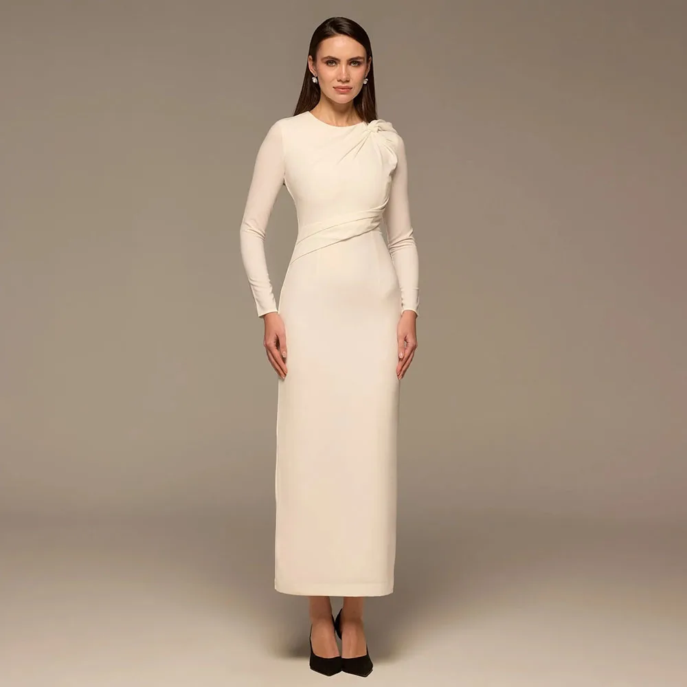 

Ivory Gathered Shoulder Crepe Evening Dress Ankle Length Straight فساتين سهره Long Sleeve O-Neck Formal Dresses