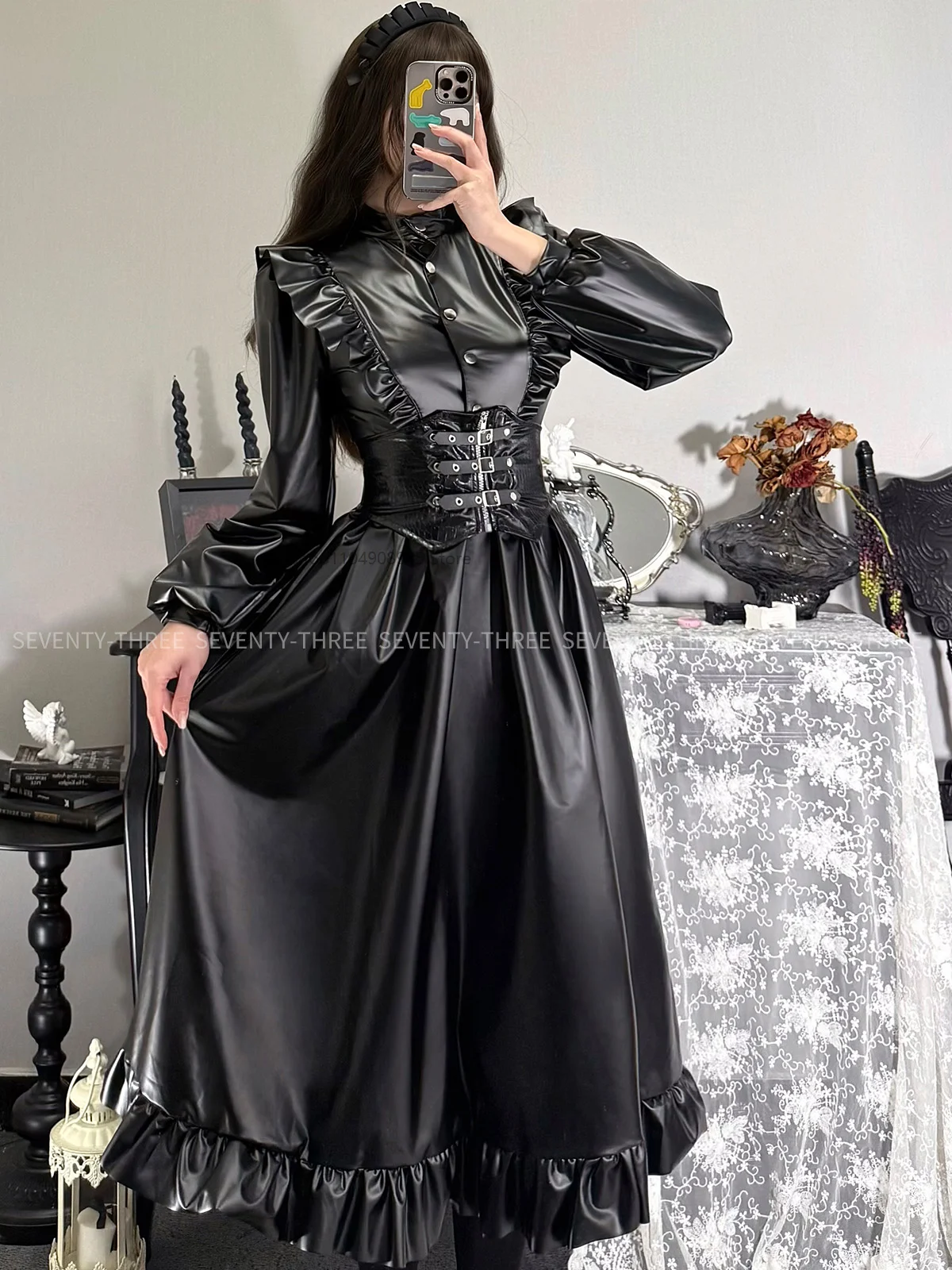 

Deep Sea Maid Leather Long Dr with Flared Skirt Cosplay Costume for Women Stand Collar Play Costume Domestic Servant
