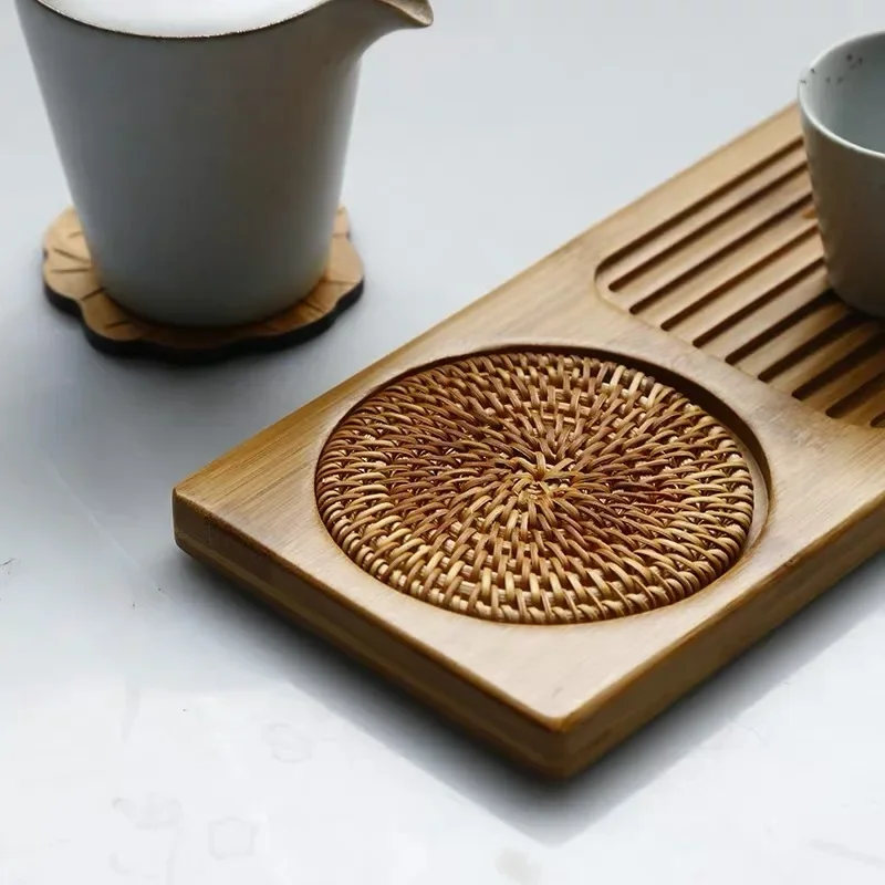 Small Size Dry Steeping Tea Tray with Woven Rattan Mats, Natural Bamboo Tea Board, Hotel Serving Tray