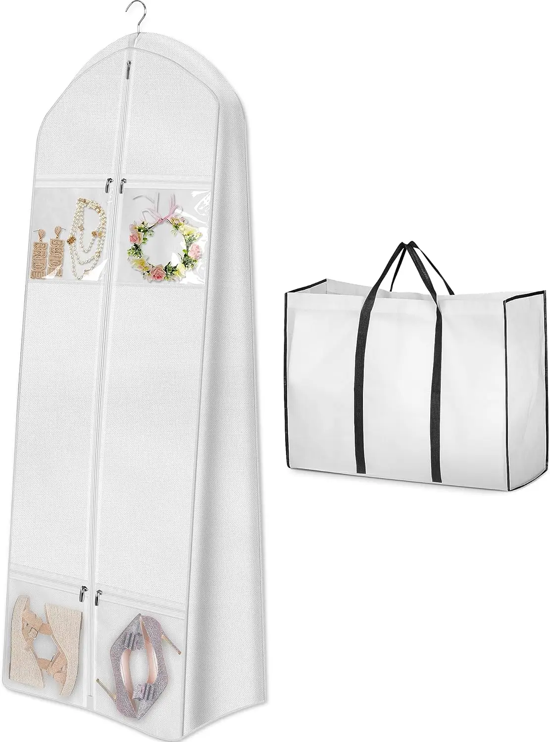 

Portable 70" Wedding Dress Garment Bag with Tote, 8" Gusseted, Long Dress Cover for Women, White, 4 Pockets