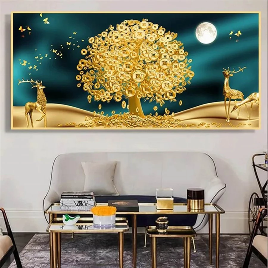 New Diy Large Size Moon Money Tree Deer Diamond Painting Full Mosaic Embroidery Golden Landscape Stone Rhinestone Picture AA5039