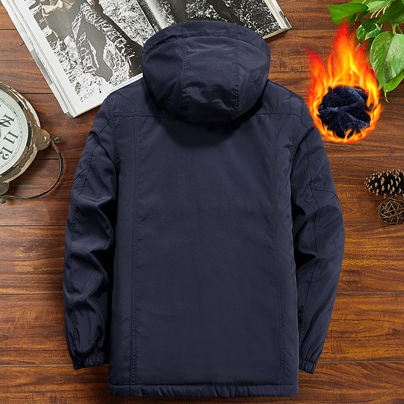 Men Work Jacket Autumn Winter New Solid Color Multi-Pocket Thickened Warm Outdoor Travel Hooded Coat Men Casual padded Clothing