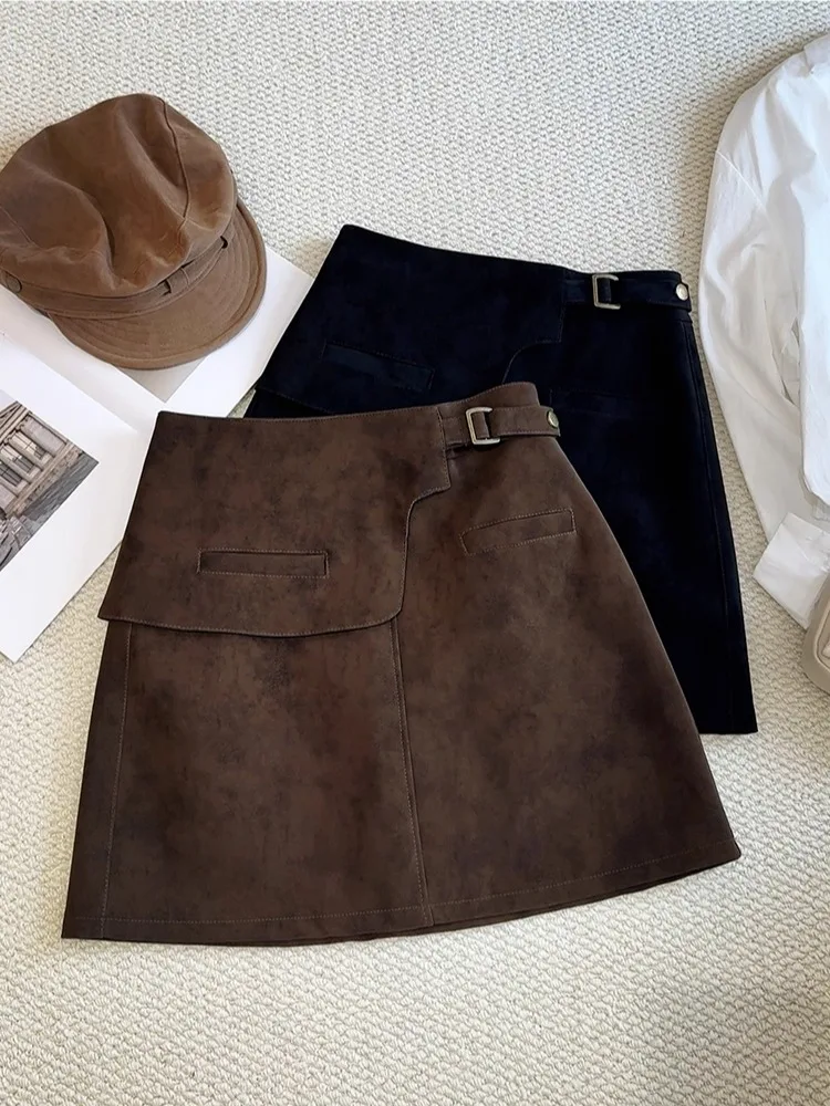 

Модная замшевая юбка с высокой талией, женская юбка А-силуэта, стройнящая, повседневная, весна-осень-зима, новинка, хит продаж