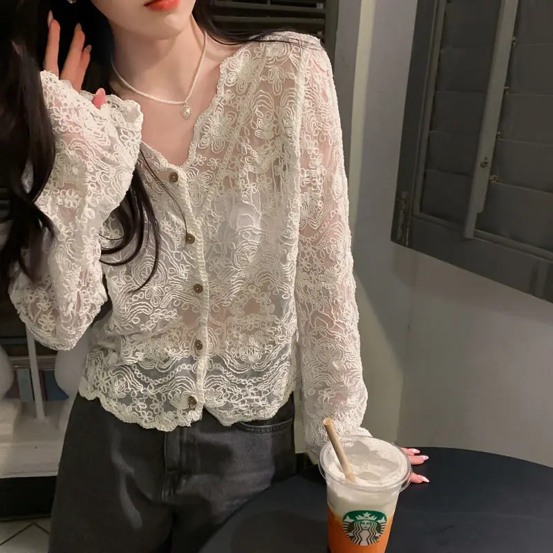 

Shirt Women Lace Summer Sun-proof Simple Sexy Female Clothing Sheer Tops Preppy V-Neck Casual Trendy Harajuku Basic Korean New