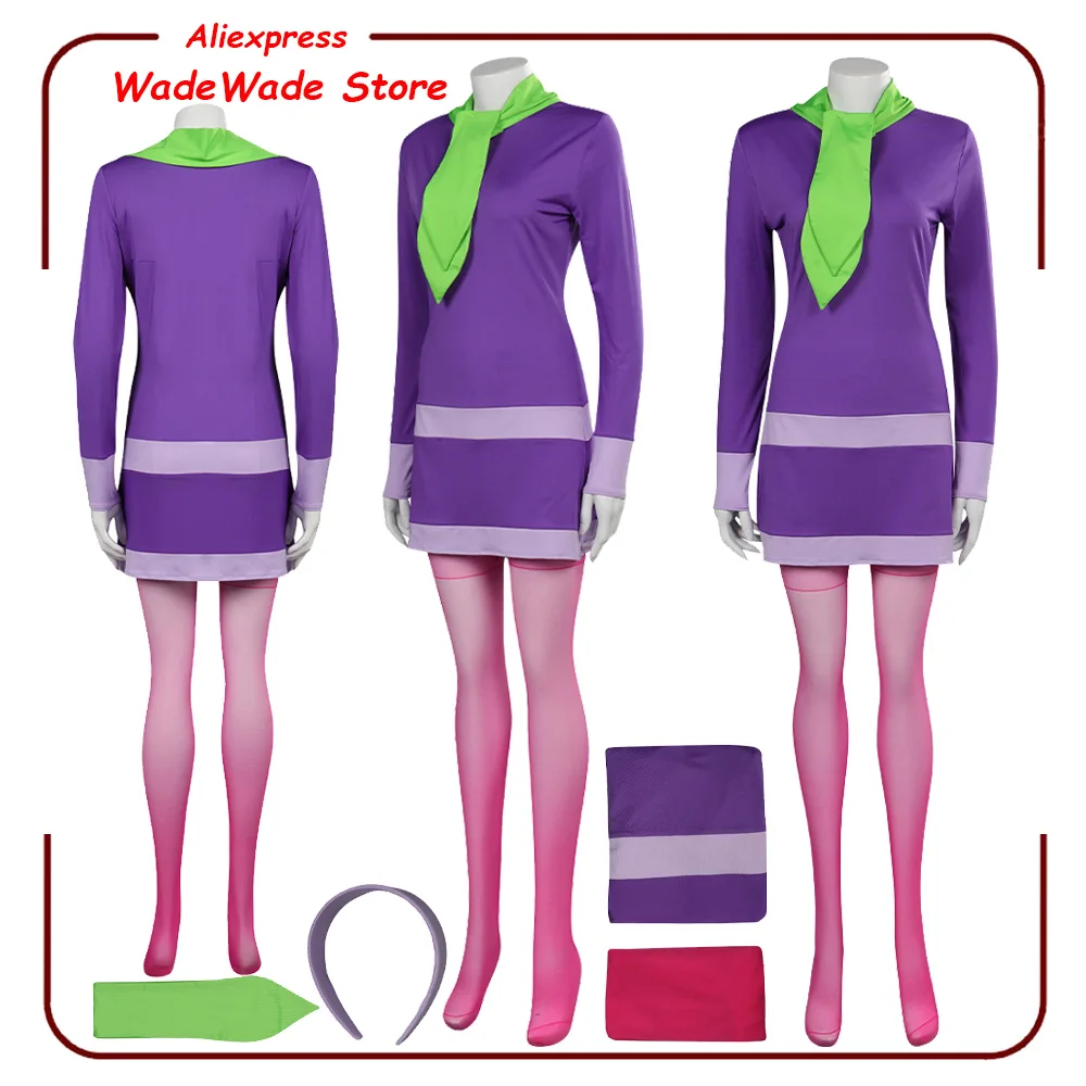 Women Daphne Cosplay Blake Costume Cartoon Purple Dress Scarf Socks Adult Clothing Outfits Fantasy Halloween Carnival Party Suit