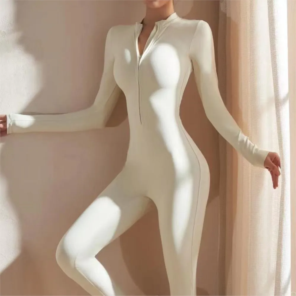 

Solid Color Zipper Yoga Jumpsuit Spring Autumn New Outdoor Long-sleeved Women's Tight Long-sleeved Jumpsuit Ropa Mujer