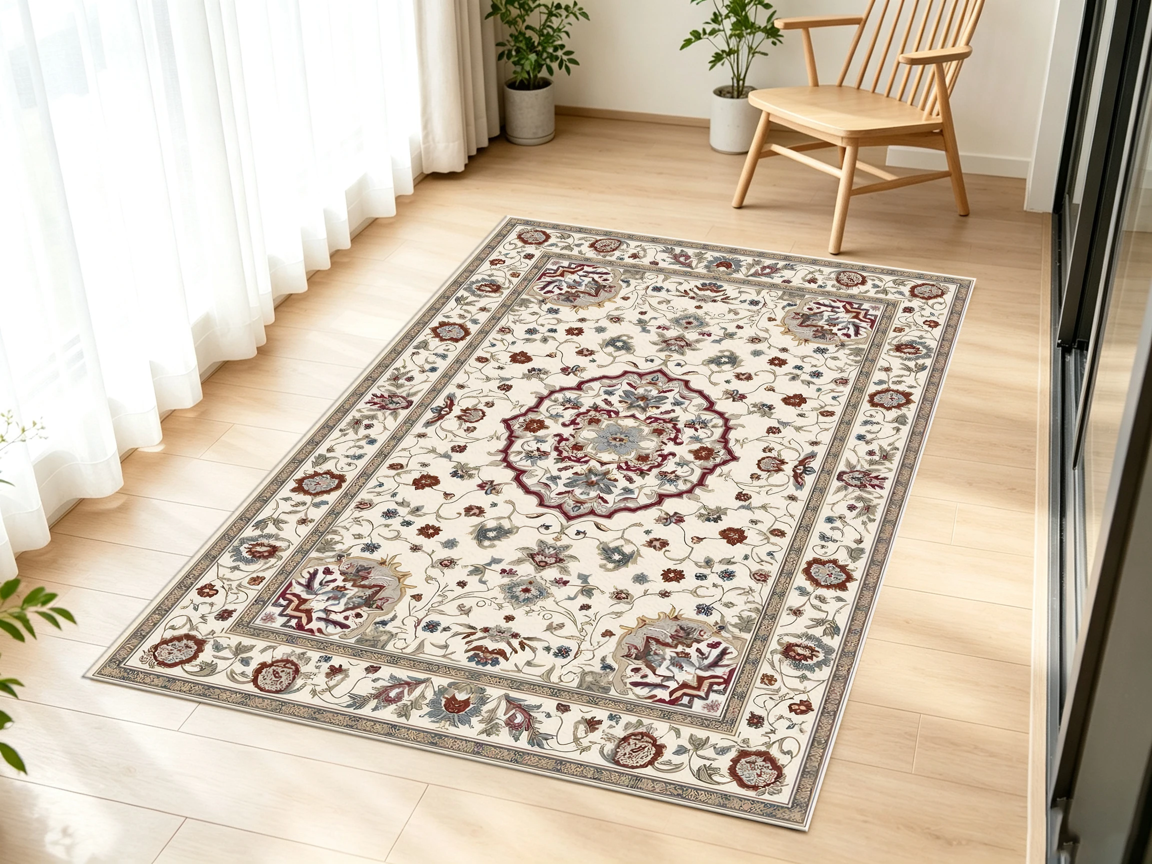 2D Carpet, 2D Large Carpet, Off-White and Red Tones, Persian Floral Pattern, Vintage Style, Soft to the Touch, Suitable For..