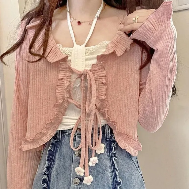 Kawaii Candy Color Crop Top Women Japanese Lolita Sweet Tank  Boe Ruffle Short Tee Shirt All Match Cute s 2024