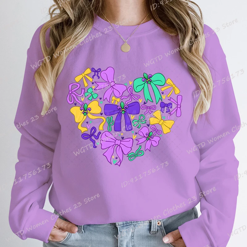 Fashion Mardi Gras Heart Bow Graphic Sweatshirt Women Autumn And Winter Casual Sports Tops Ladies Round Neck Hoodeless Pullovers