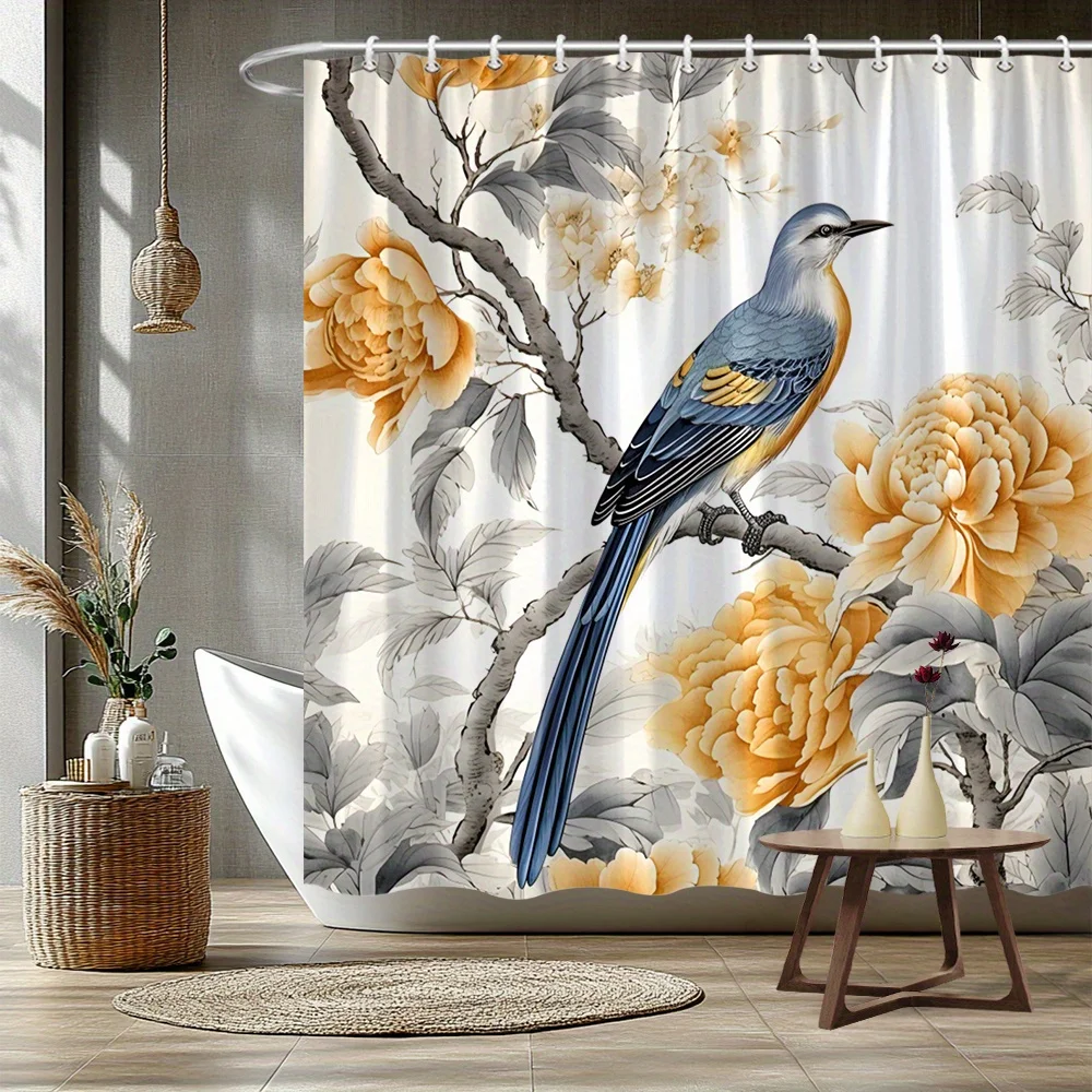 

1 шт. Занавеска для душа с рисунком птицы и пиона, из полиэстера, можно стирать в машине, подходит для украшения ванной комнаты.