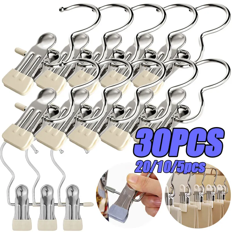 

30/5PCS Stainless Steel Clothespins Laundry Clothes Pegs with Hook Pants Hanger Portable Hanging Clothes Clips Clothes Organizer
