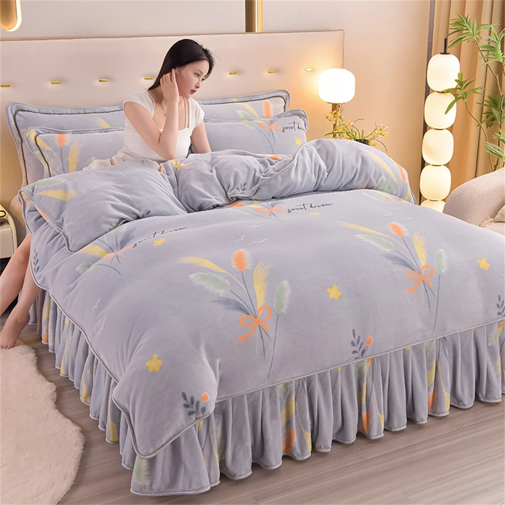 

Milk Velvet Four-Piece Sets Winter Warm Thickened Double-sided Plush Bedding Set Soft Flannel Bed Skirt Quilt Cover Pillowcase