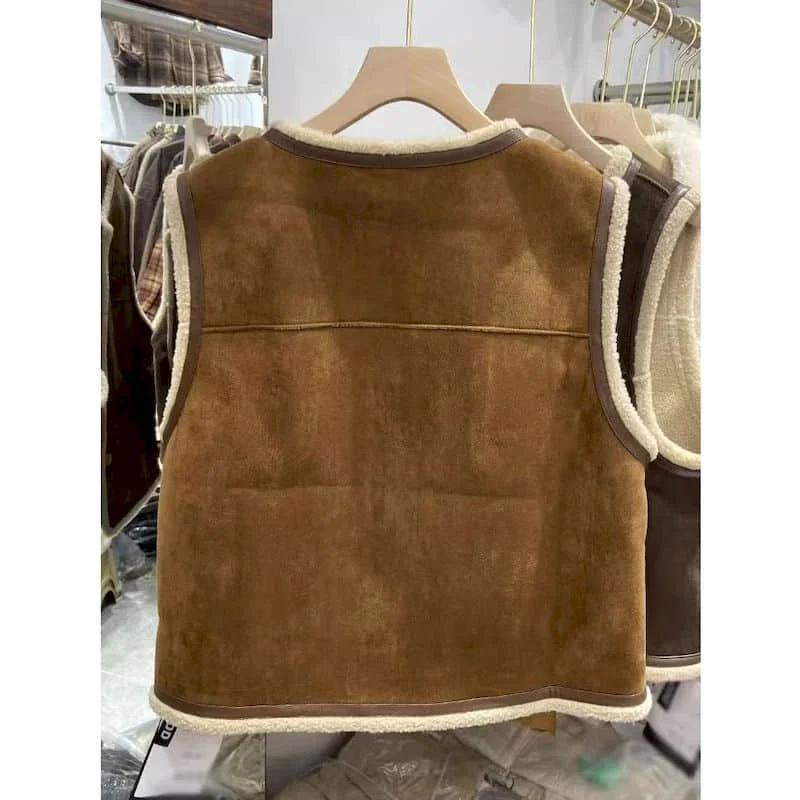 Fleece Waistcoats for Women Plush Vests O-neck Casual Sleeveless Cardigans Oversized Winter Lambhair Jackets Loose Women Tops