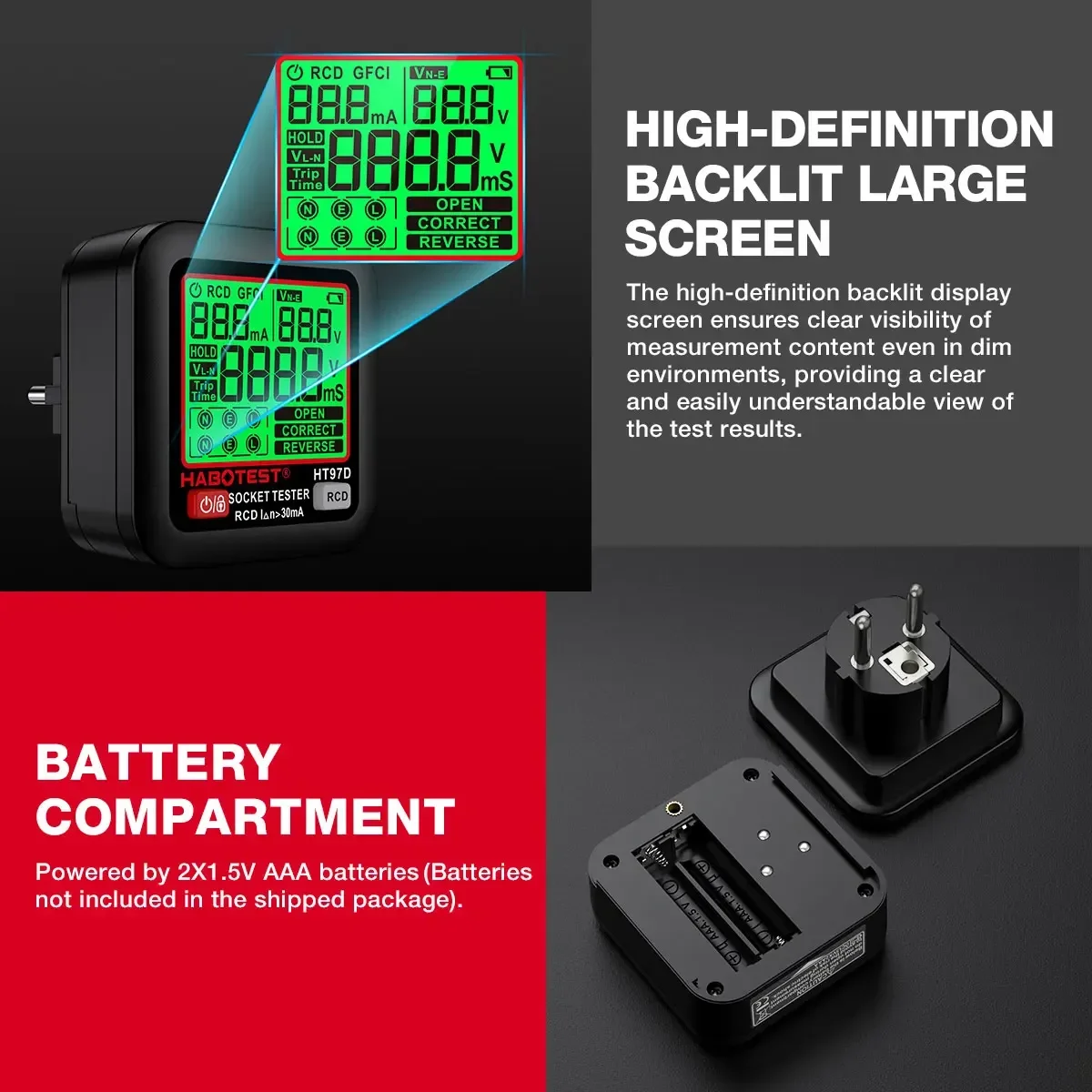 HABOTEST HT97 Digital Socket Tester Smart Voltage Detector RCD GFCI Voltage Test EU Large Display Socket Tester HT97D
