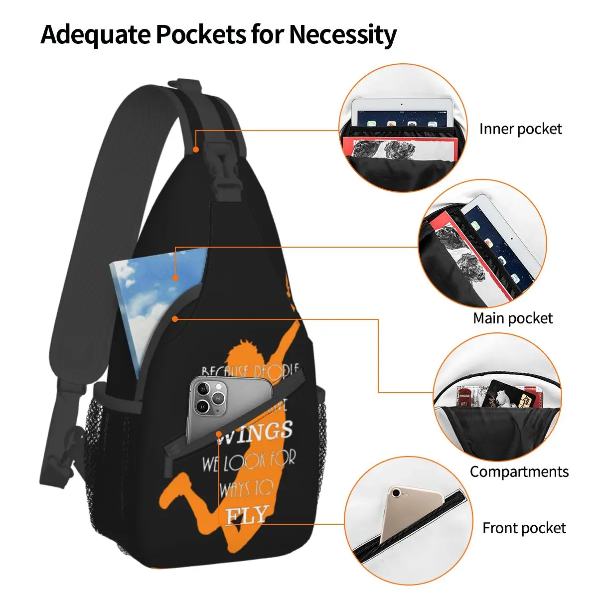 Haikyuu Wings Anine Crossbody Sling Bags Small Chest Bag fly japan cartoon Shoulder Backpack Daypack Hiking Outdoor Travel Bag