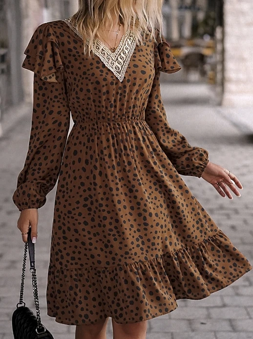 Womens Dress Casual Vacation Fashion Basic Leopard Print Lace Trim V-neck Ruffle Design Long Sleeve High Waist A-line Midi Dress