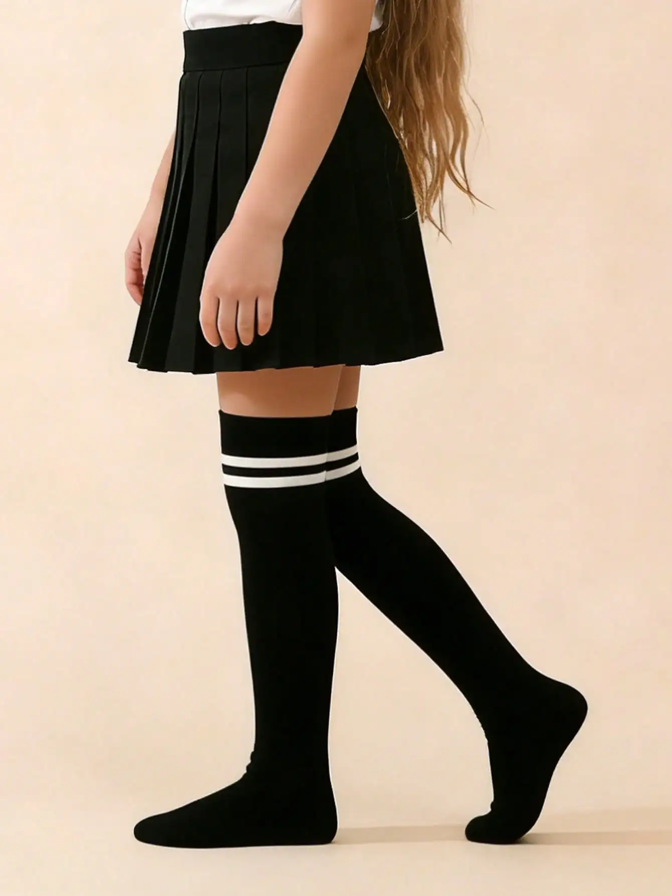 1Pair Girls Double Striped Knee High Socks Preppy JK Uniform Soft Breathable School Daily Pleated Skirt Matching Calf Socks 3-8Y