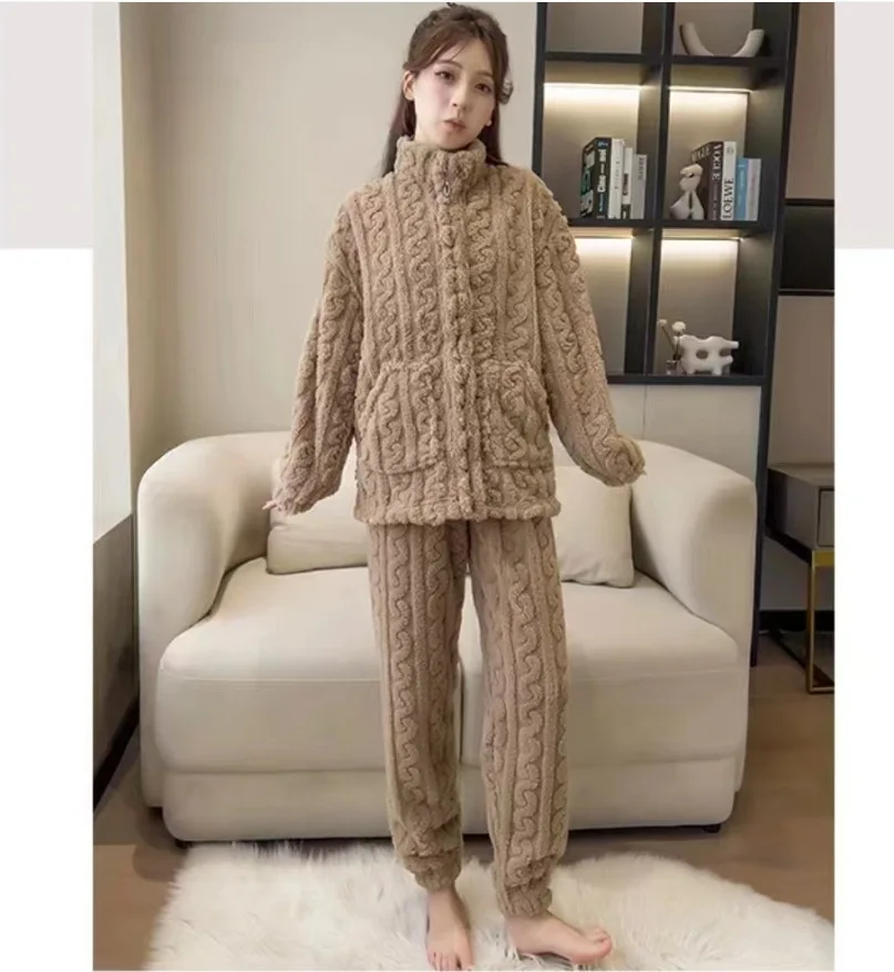 New Pink and White Grid Female Pajamas Flannel Warm 2 Pcs Pijamas Suit Homewear Pocket Casual Loungewear Thicken Nightwear