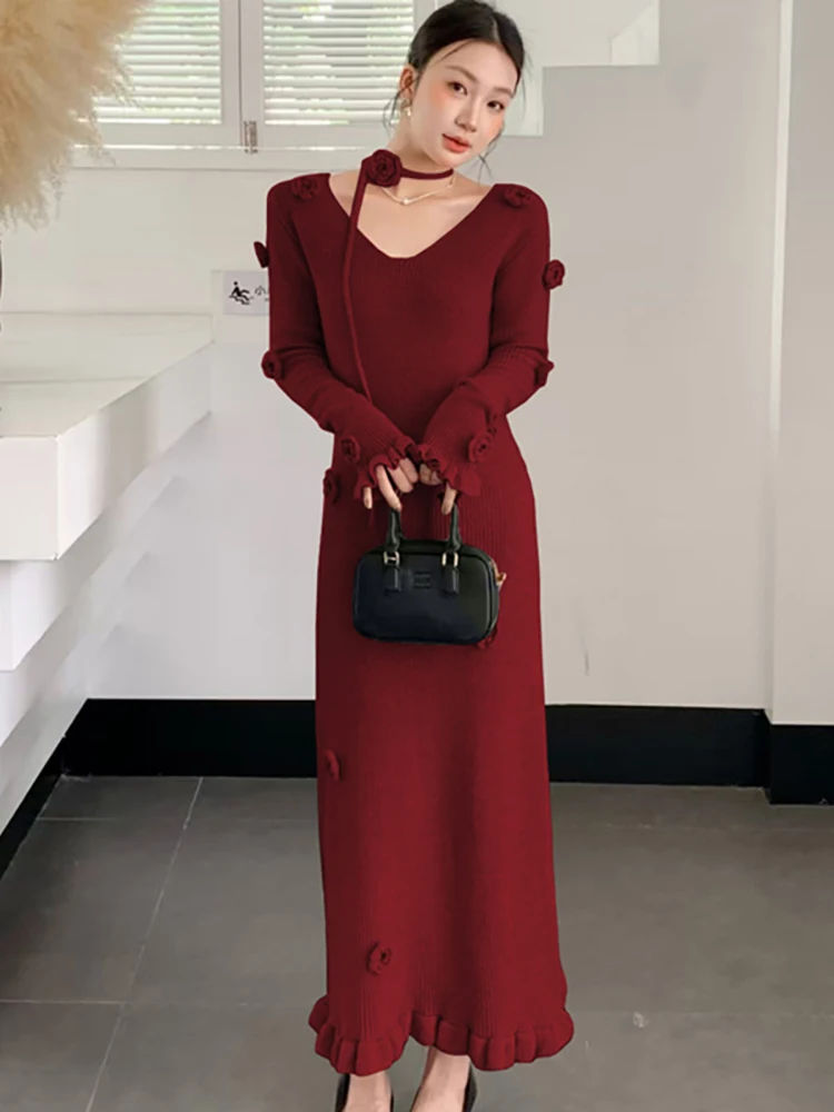 

Women Red Knitted Long Sleeve V-Neck Long Dress Autumn Winter Elegant Chic Appliques Dress 2025 Korean Bodycon Festival Vestidos