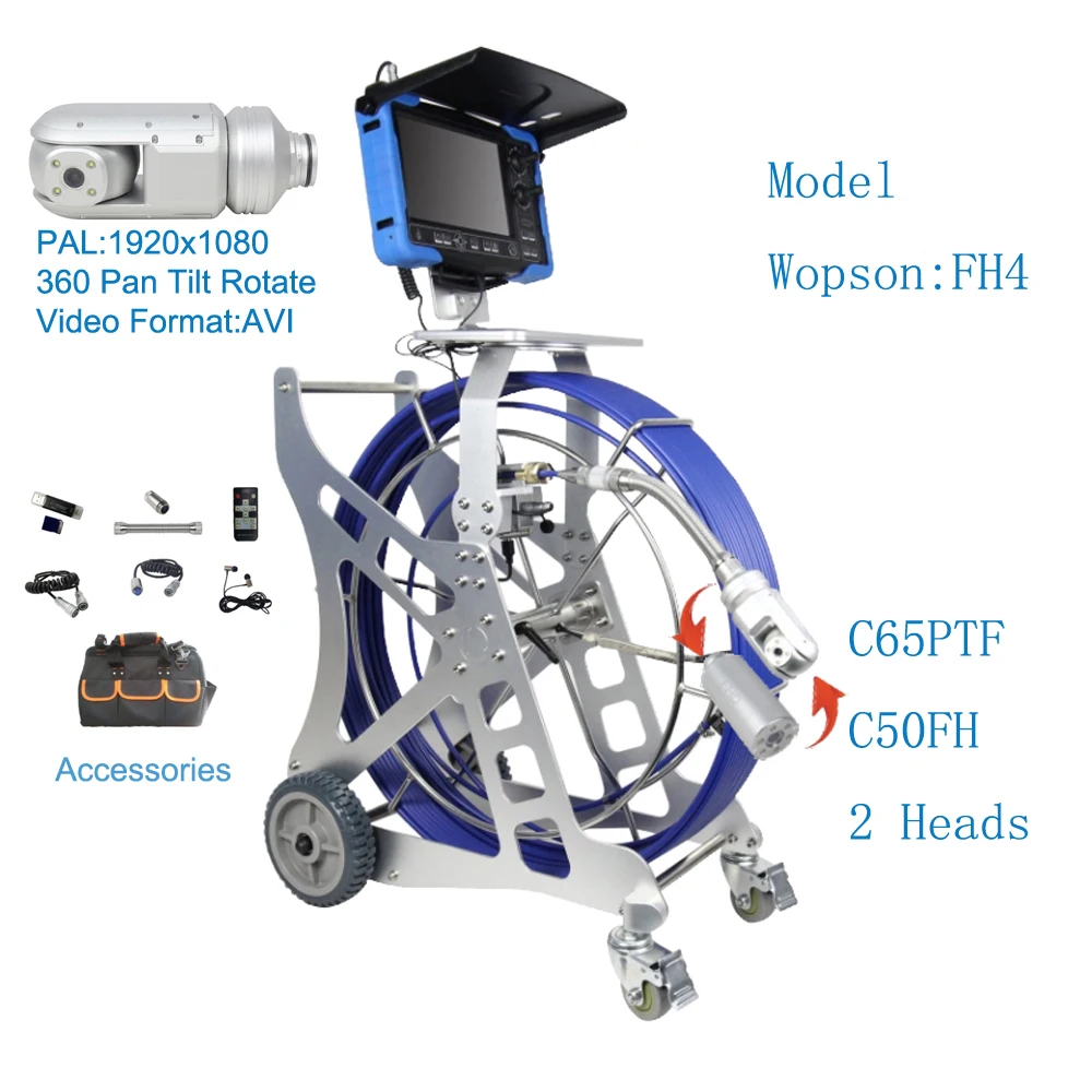 FHD PAL1920x1080P 58mm 360 Pan Tilt Rotate Pipe Drain Sewer Duct Video Inspection Camera System DVR 9mm 60m Cable