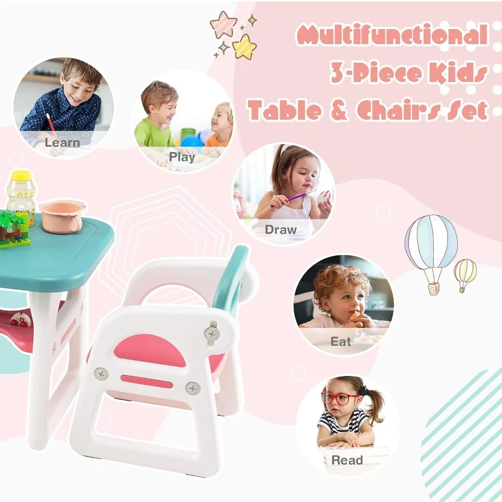 Conjunto de mesa e cadeira infantil, mesa de atividades de plástico de 3 peças com blocos de construção, prateleira de armazenamento para leitura de crianças