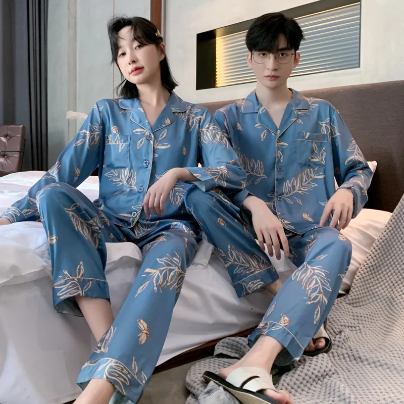 Women Pajama Set Silk Couple Pajamas Print Pyjamas Ice Silk Pijama pjs Sleepwear Long Sleeve Shirt Pants Homewear Loungewear