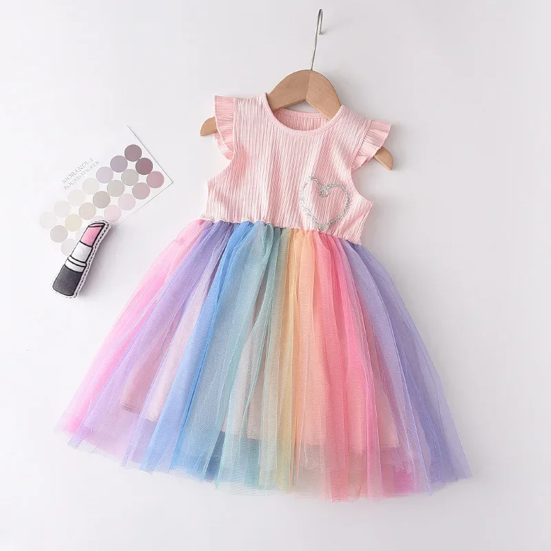 Flying Sleeve Girls Colorful Dress Summer Kids Rainbow Mesh Party Dresses Children Clothing Vestidos Outfits