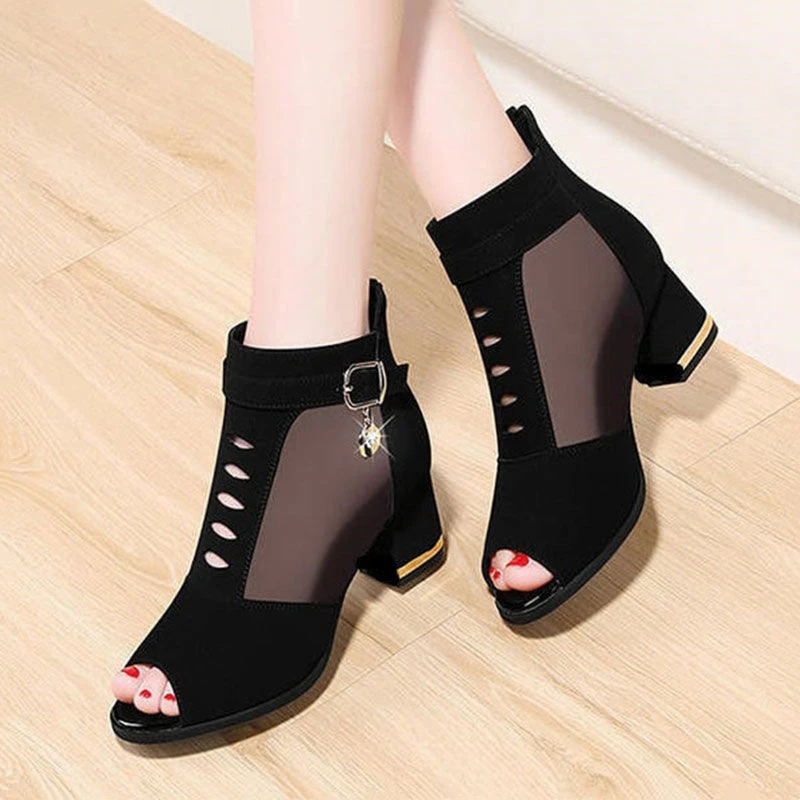 Summer Breathable Mesh High Heel Boots Sandals Comfortable Thick Heel Open Toe Women\'s Shoes Fashion Back Zipper Low Heel Boots