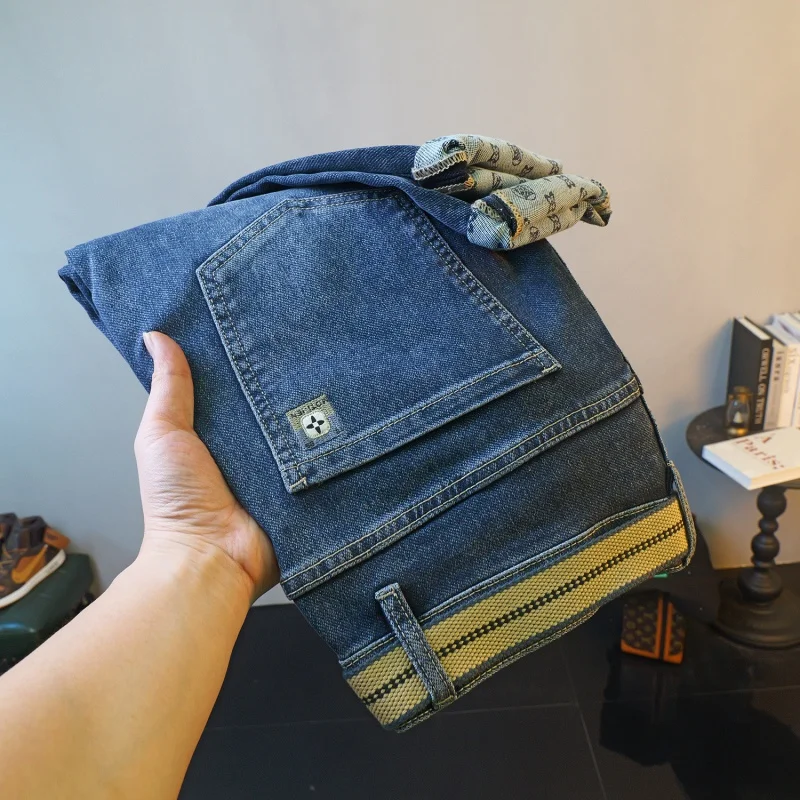 Trendy Printed Jeans Men's All-Matching Fashion Casual High-End Pu Handsome Stretch Slim-Fit Thick Skinny Pants Men