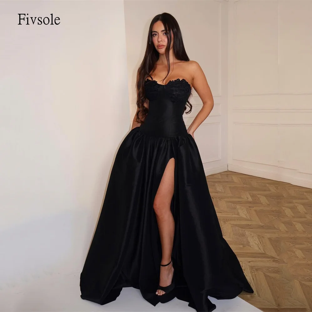 

Fivsole Black Sweetheart Neck A Line Prom Gowns Side Slit Party Gown Floor Length Evening Dress vestidos de festa Customized