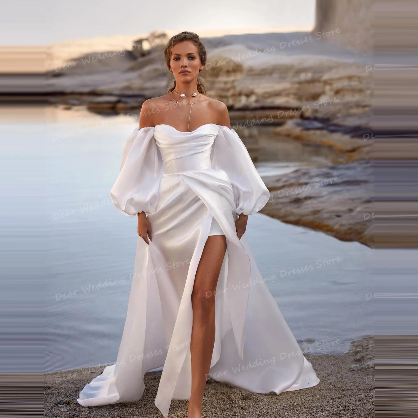 Robe de mariée en satin à manches bouffantes pour femmes, simple, douce, ligne A, sexy, hors initié, patients, quel que soit le côté, fendue, balayage, train, formelle, 2024