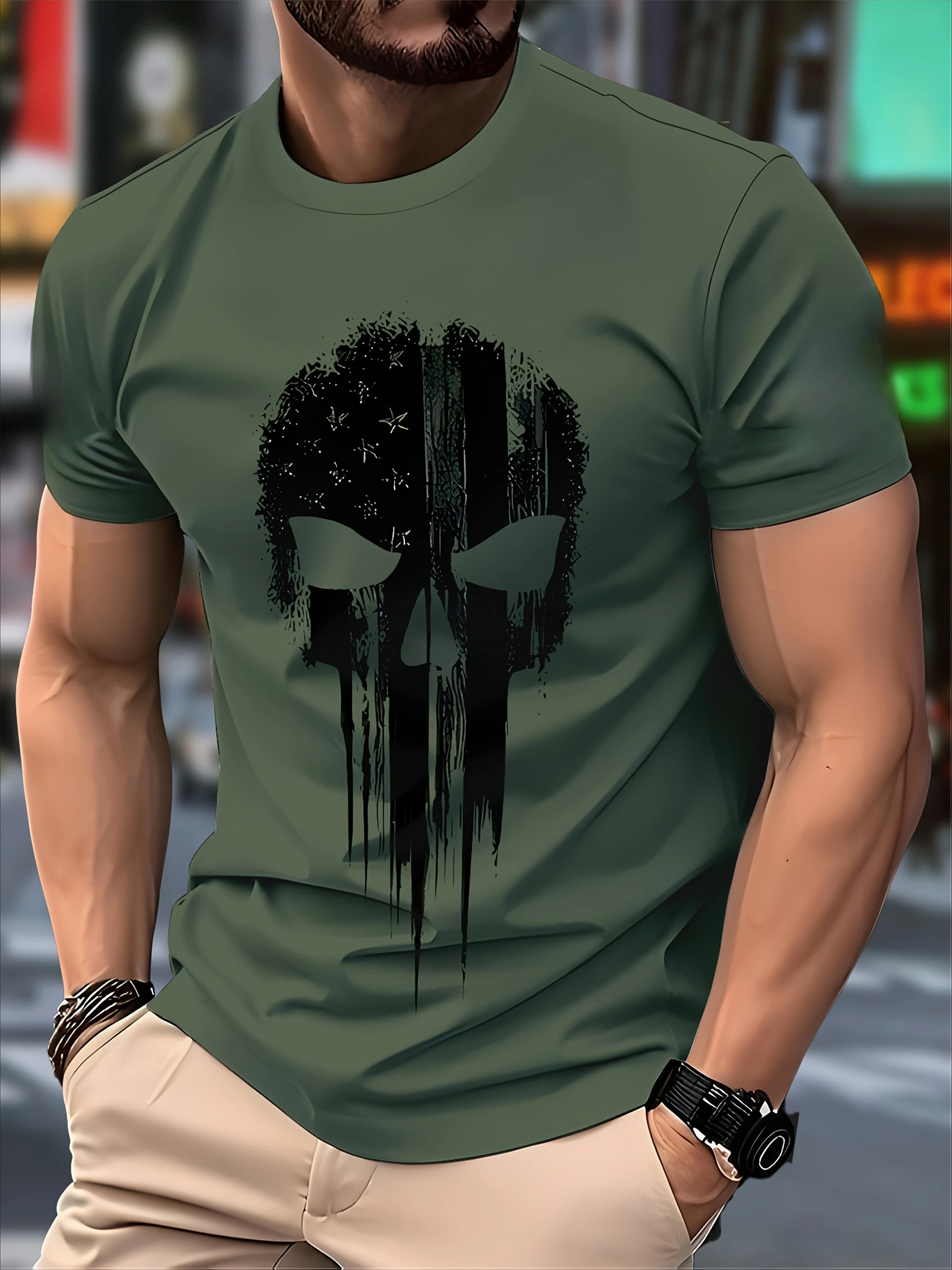 

Новинка с принтом черепа, патриотическая футболка с графическим рисунком, 100% хлопок, с круглым вырезом и коротким рукавом, летняя повседневная мужская футболка, уличная одежда