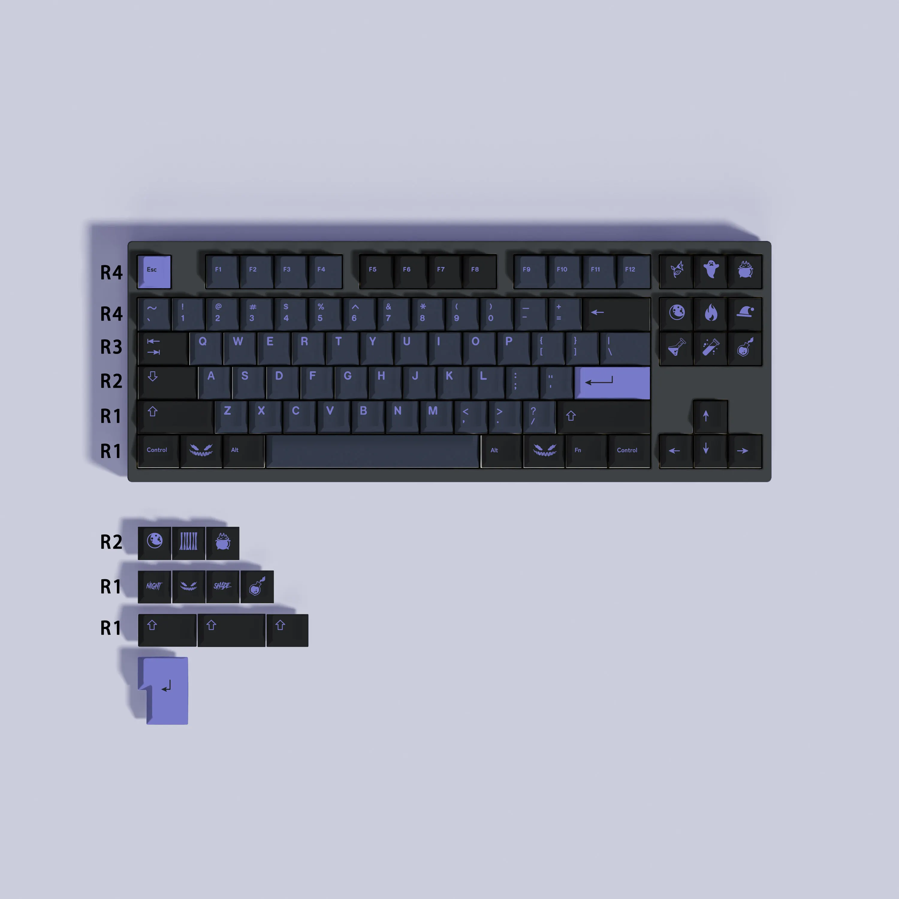 Dye-sublimated keycaps, Cherry profile, designed for compact layouts; compatible with mechanical keyboards with 87 keys or fewer