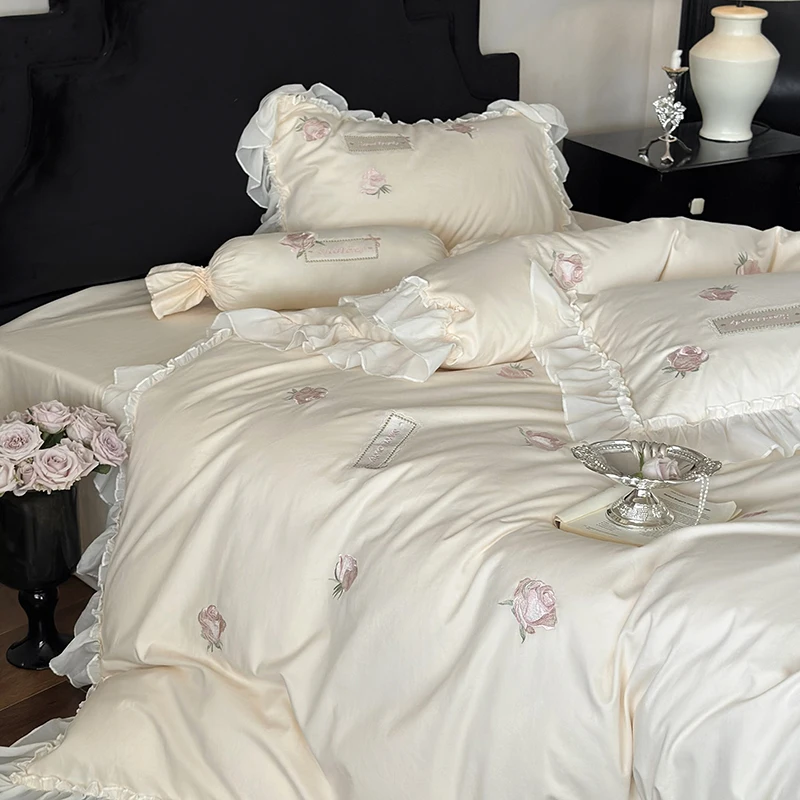 4Pcs Rose Flowers Embroidery Lace Ruffles Egyptian Cotton Brushed Bedding Set Duvet Cover Set Bed Sheet/Fitted Sheet Pillowcases