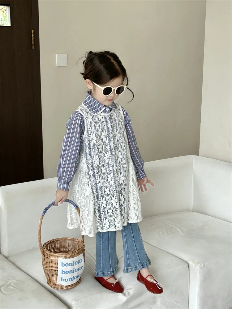 

Children's shirt2024Spring and Autumn New Children's Clothing Girls' Lace Dress Vertical Stripe Shirt Children Western Style